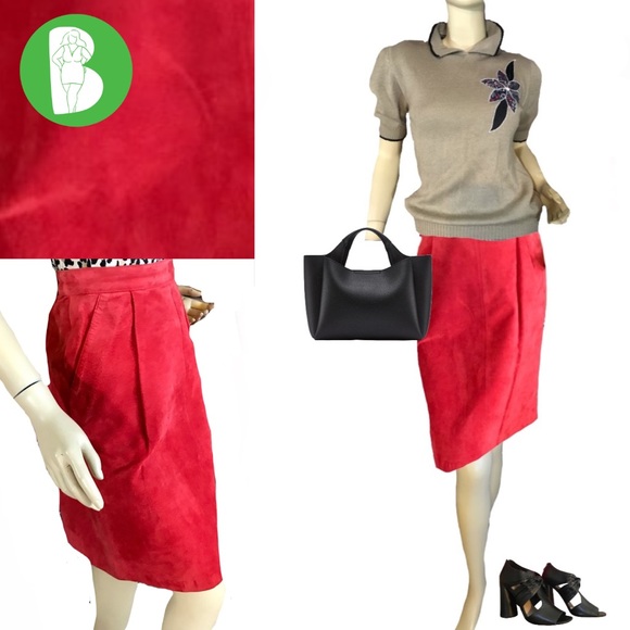 VINTAGE 1980'S TOFFS RED SUEDE PENCIL SKIRT (12) - Picture 1 of 15